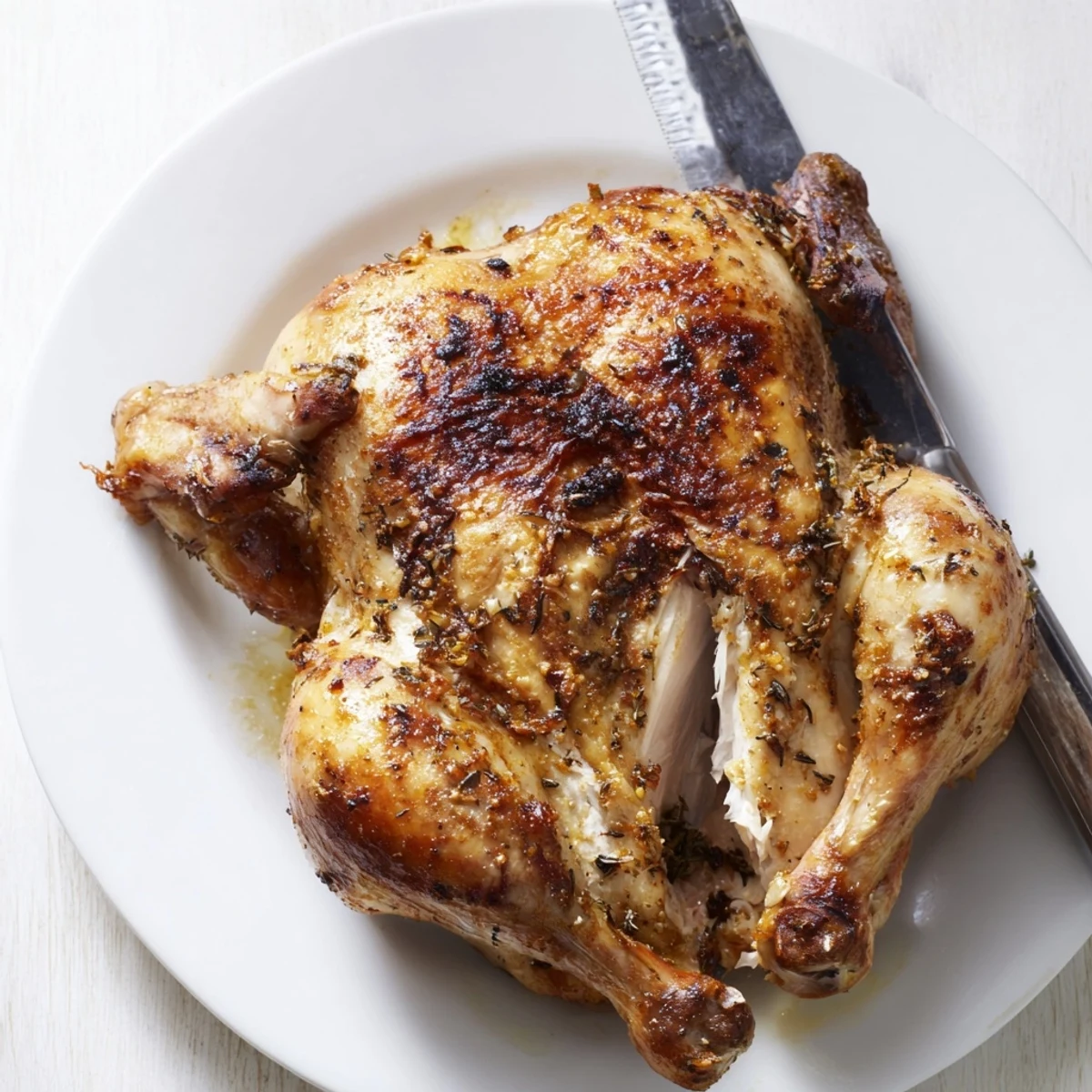 Sliced Buttermilk Roasted Chicken resting on board, juicy meat, herb garnish