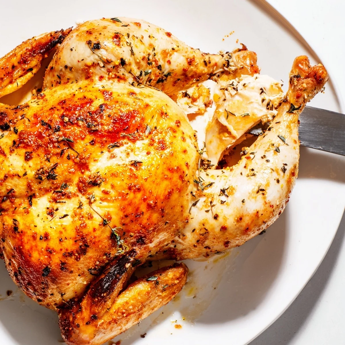 Buttermilk Roasted Chicken with golden crisp skin, steaming, fragrant lemon-thyme aroma
