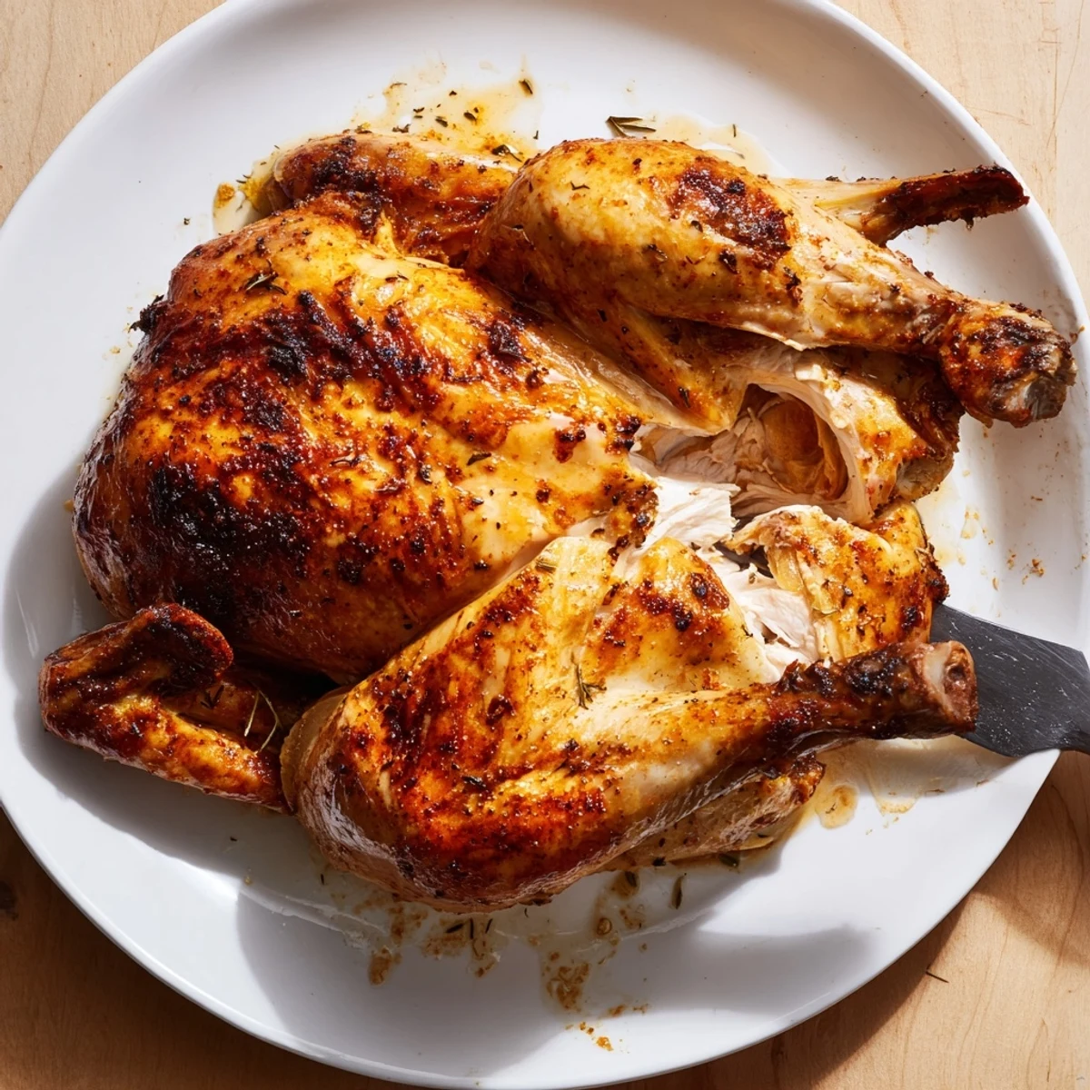 Crispy Buttermilk Roasted Chicken served with roasted vegetables and bright lemon