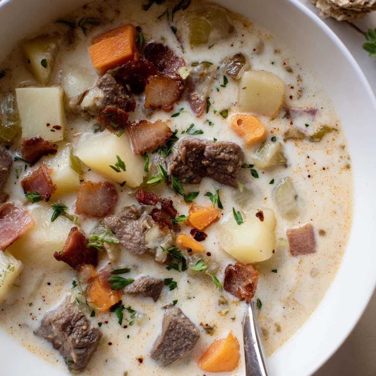 Creamy Smoky Beef And Potato Soup steaming in bowl with parsley garnish