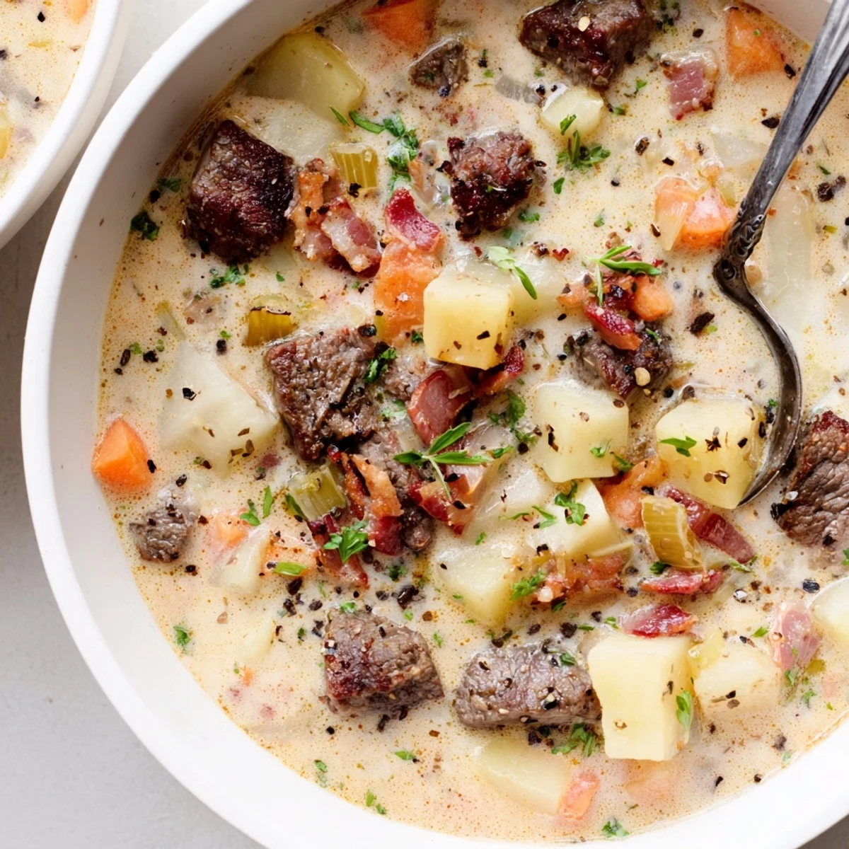 Bowl of Creamy Smoky Beef And Potato Soup with crispy bacon crumbles