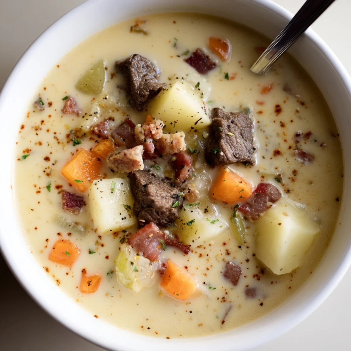 Hearty Creamy Smoky Beef And Potato Soup spooned from Dutch oven, rich aroma
