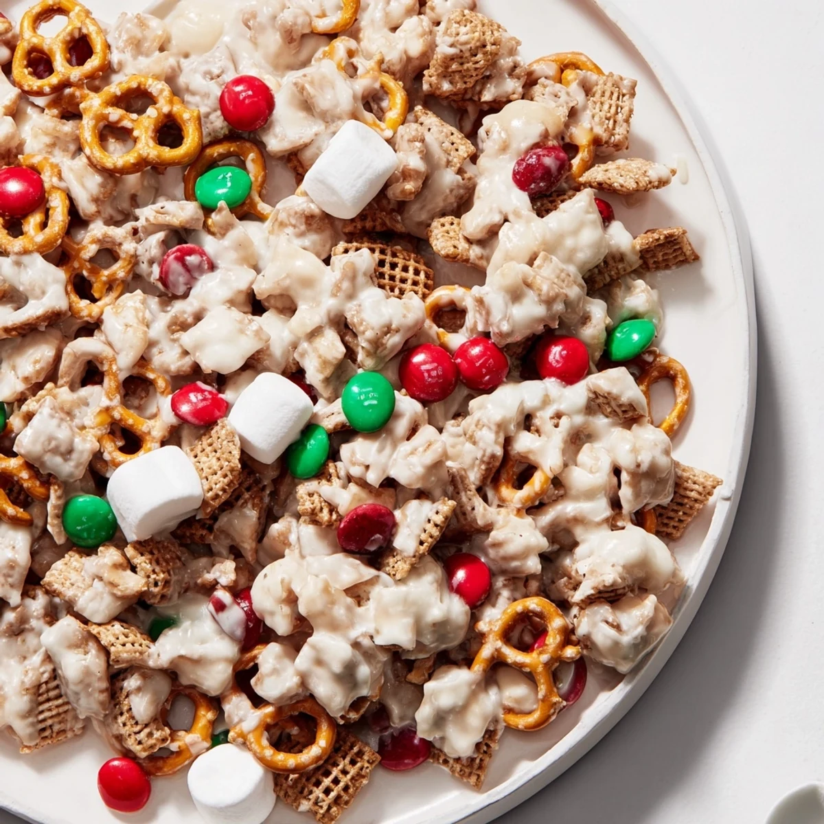 Parchment-lined tray of Reindeer Food: crunchy cereal, white chocolate, colorful candies