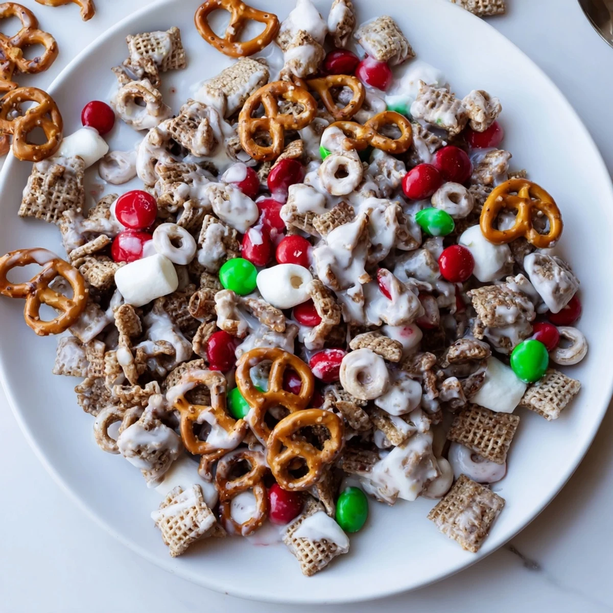 Kids stirring Reindeer Food in bowl, warm white chocolate coating glossy clusters