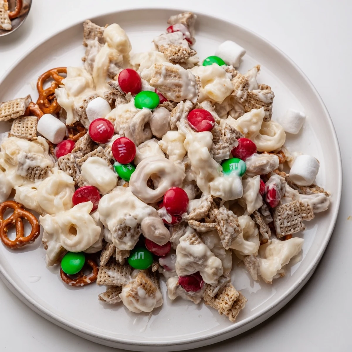 Festive bowl of Reindeer Food with pretzels and marshmallows, sweet salty crunch
