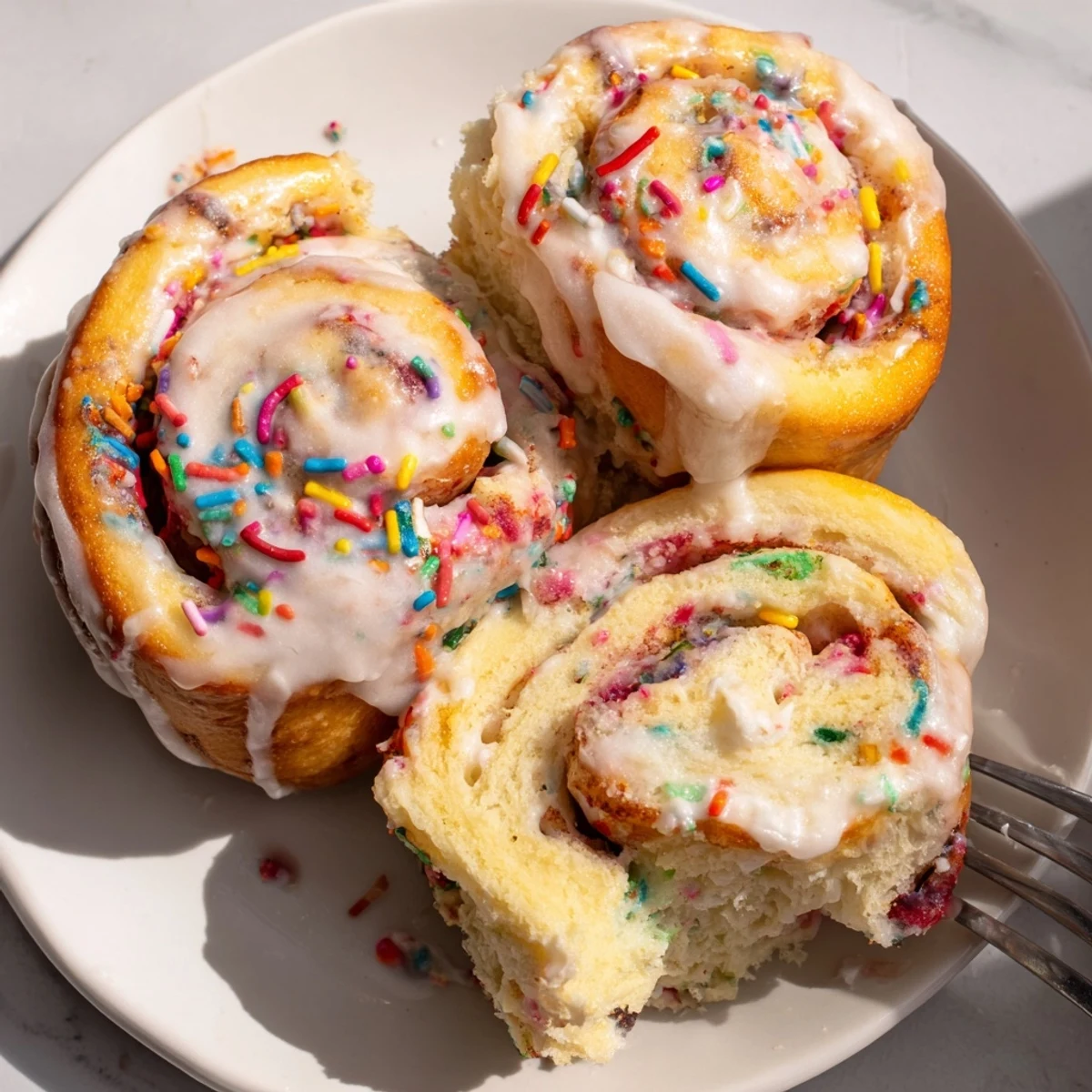 Freshly baked Funfetti Cinnamon Sprinkle Rolls cooling in a greased baking dish