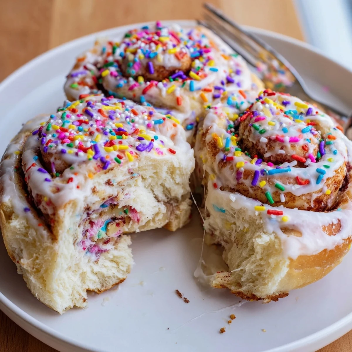 Warm Funfetti Cinnamon Sprinkle Rolls drizzled with vanilla glaze and colorful sprinkles