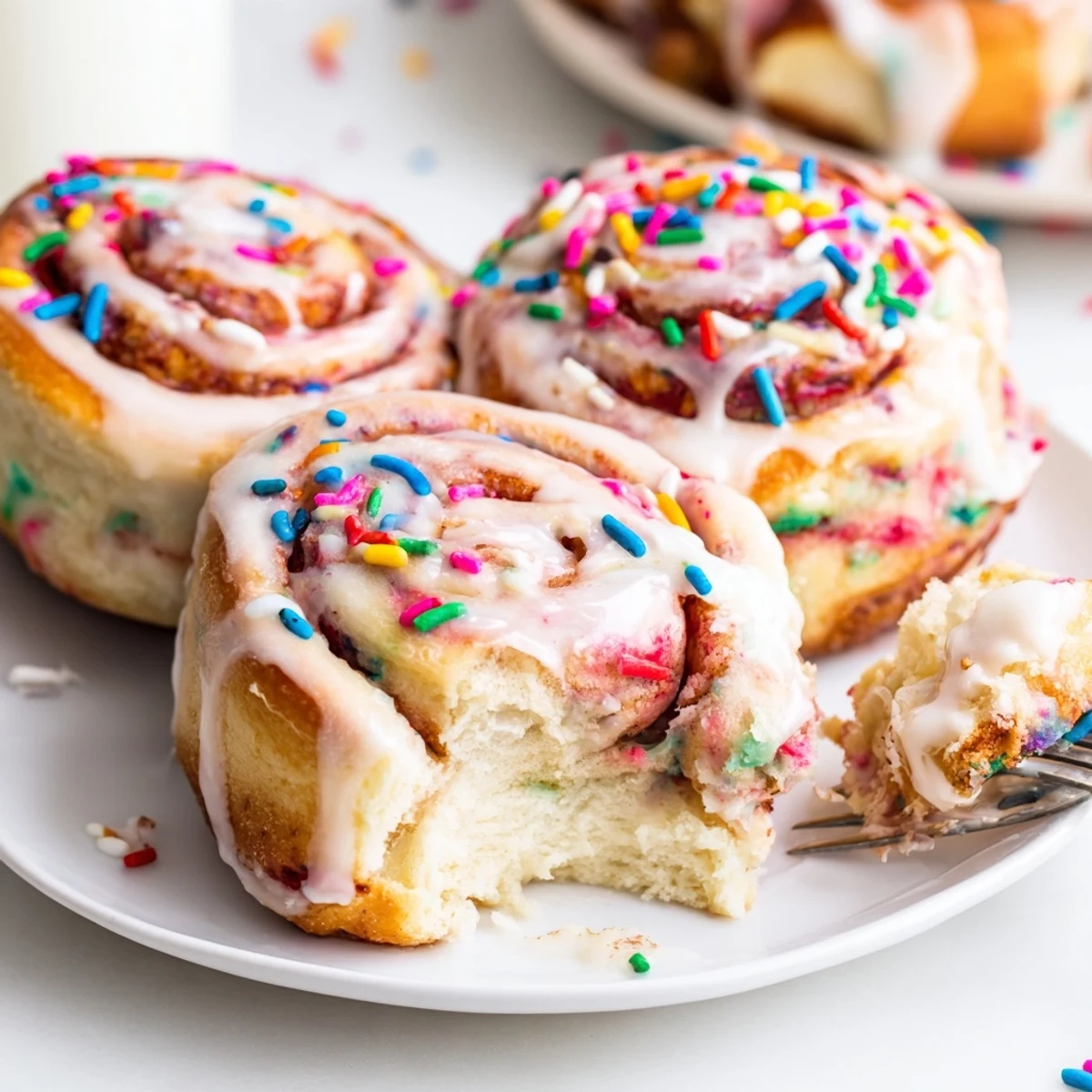 A slice of Funfetti Cinnamon Sprinkle Rolls reveals cinnamon swirl and bright rainbow sprinkles
