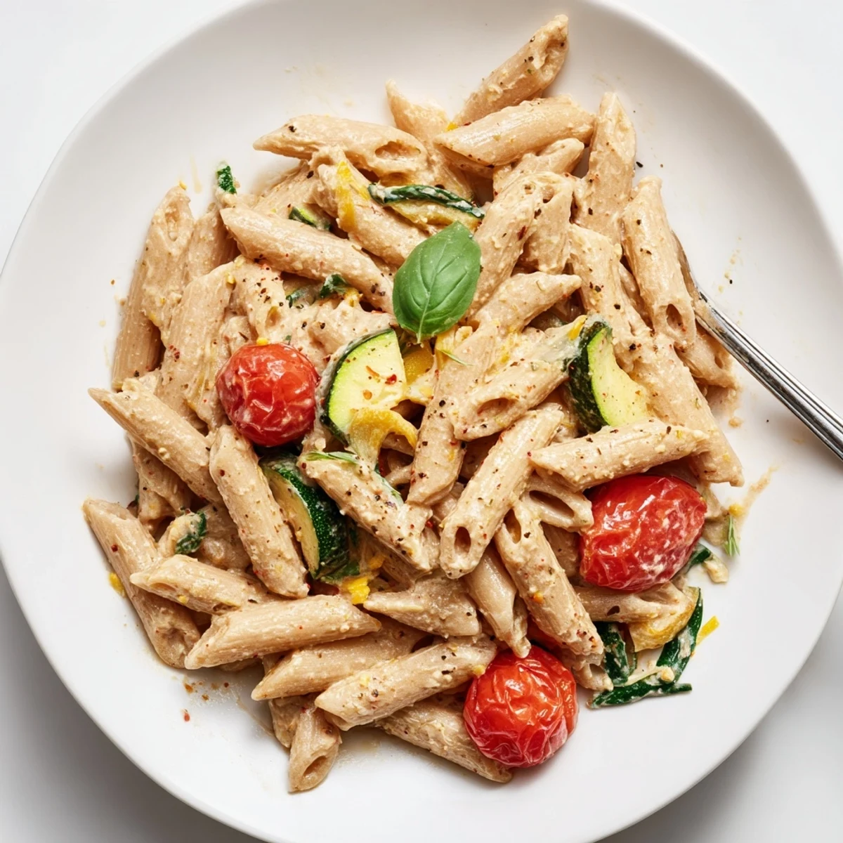 Healthy Cottage Cheese Pasta piled on plate, creamy sauce, basil aroma