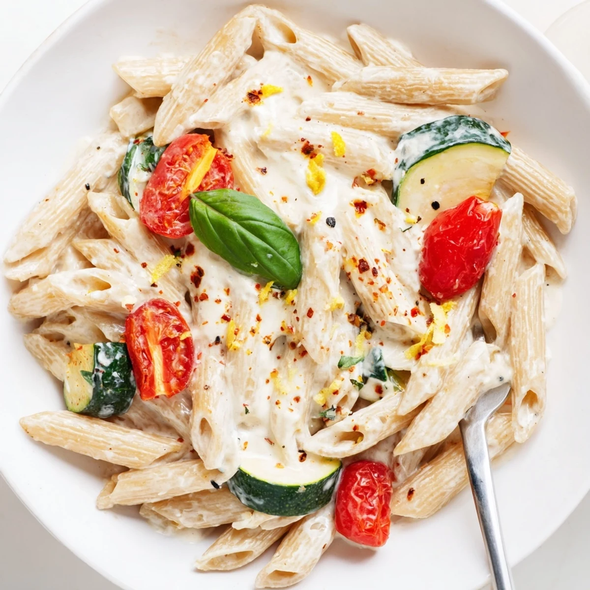 Bowl of Healthy Cottage Cheese Pasta with roasted zucchini and lemon zest
