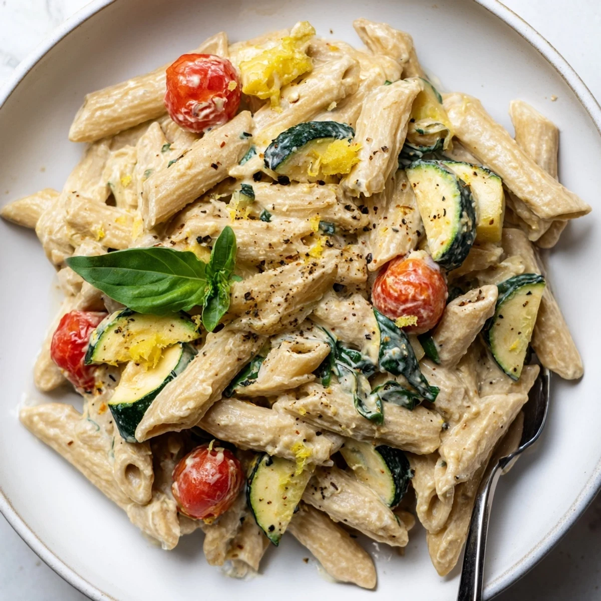 Healthy Cottage Cheese Pasta tossed with wilted spinach, cherry tomatoes, fresh basil