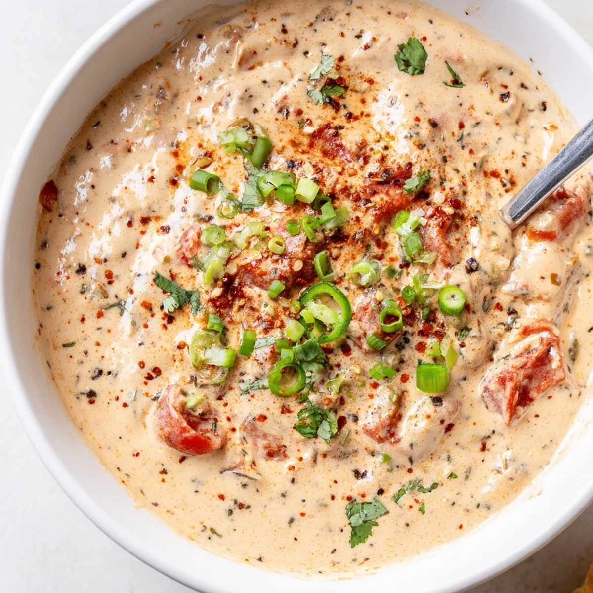 Warm Dairy Free Rotel Nacho Dip ladled over tortilla chips, zesty lime