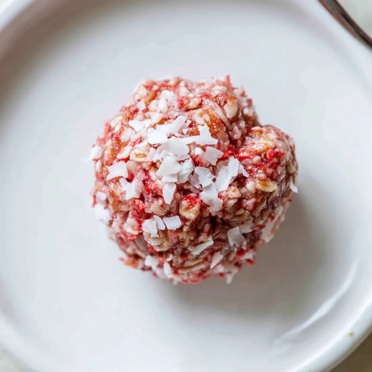 Strawberry Oat Coconut Balls on a plate, chilled, coconut flakes glistening