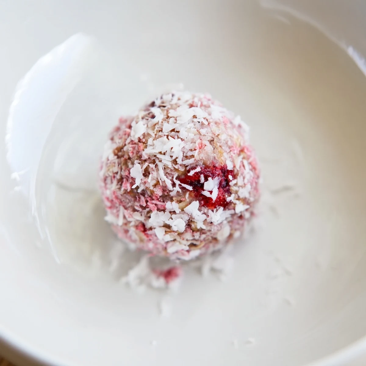 Bowl of cool Strawberry Oat Coconut Balls ready for snack, soft texture
