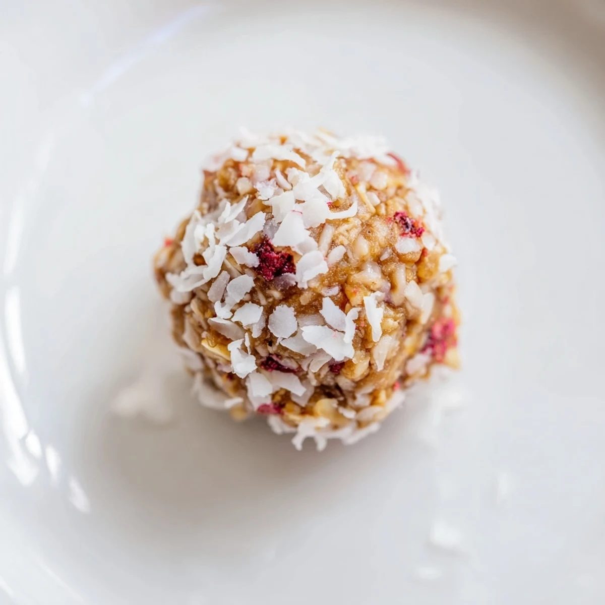 Hand-rolled Strawberry Oat Coconut Balls with juicy strawberry specks, nutty aroma