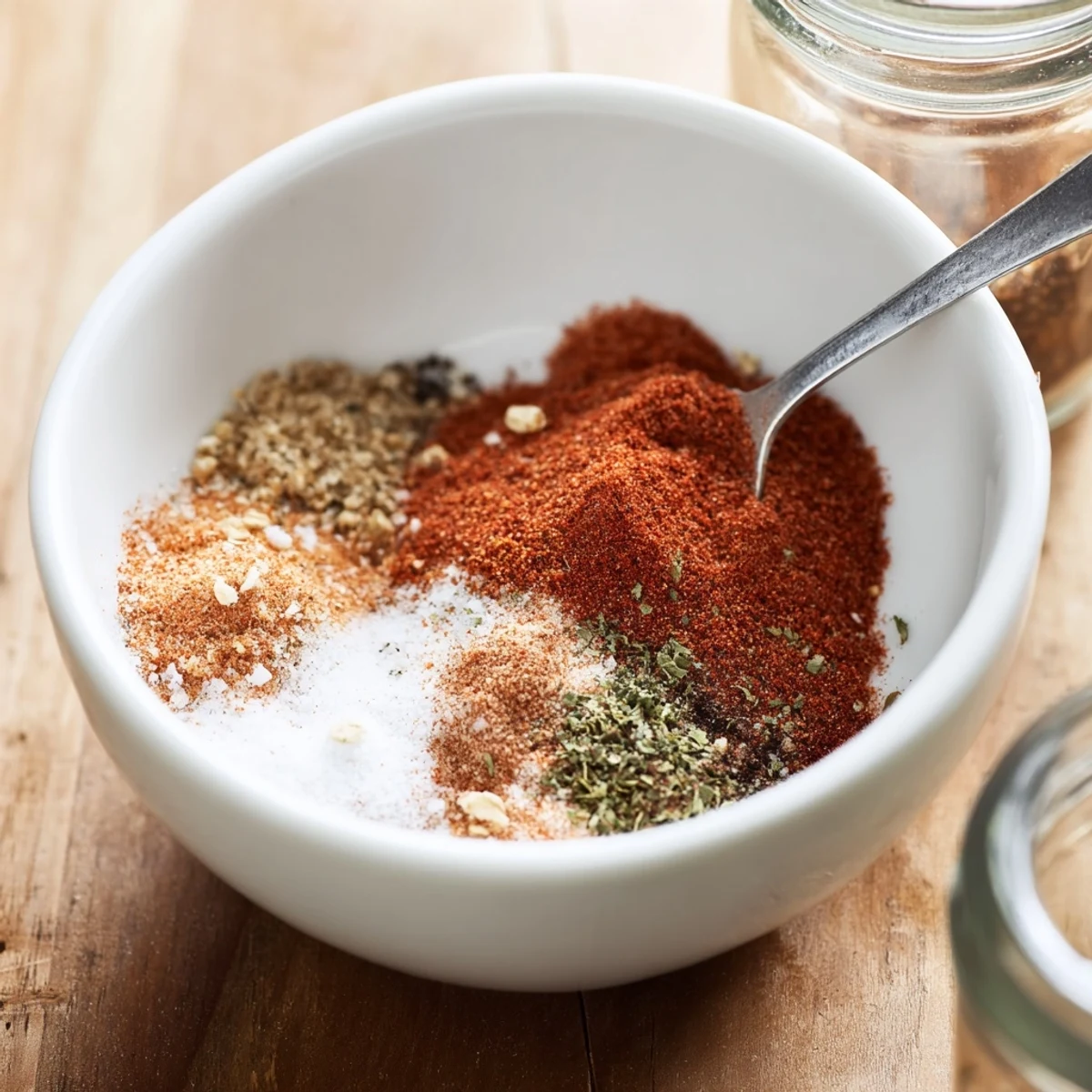 Jar of French Fry Seasoning Blend resting beside steaming, salted hand cut fries