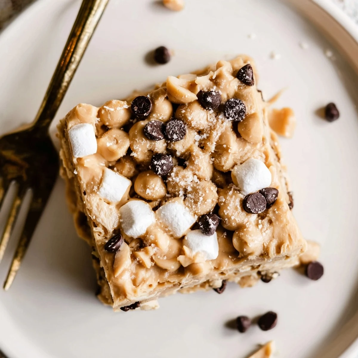 Sliced Gluten Free Peanut Butter Marshmallow squares on plate, gooey, pillowy