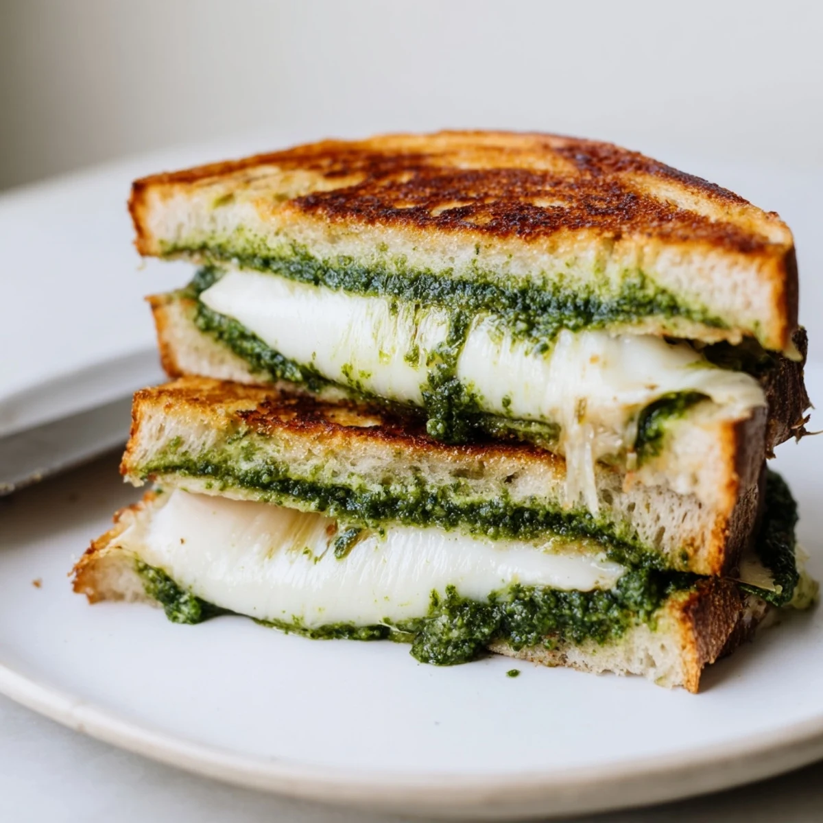 Sourdough Pesto Grilled Cheese with bubbling mozzarella, golden crust, served warm
