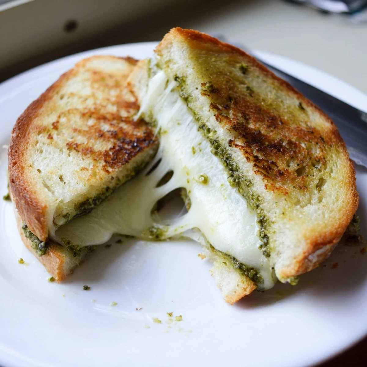 Crispy Sourdough Pesto Grilled Cheese sliced diagonally, steam rising, basil aroma