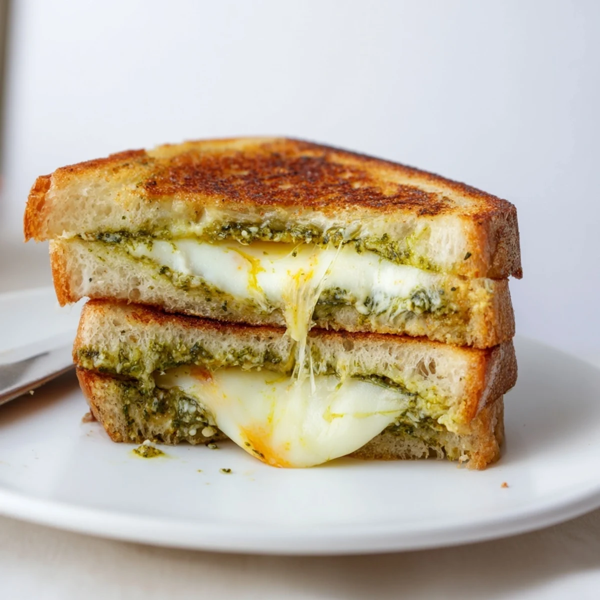 Homemade Sourdough Pesto Grilled Cheese on skillet, buttery edges, melty center