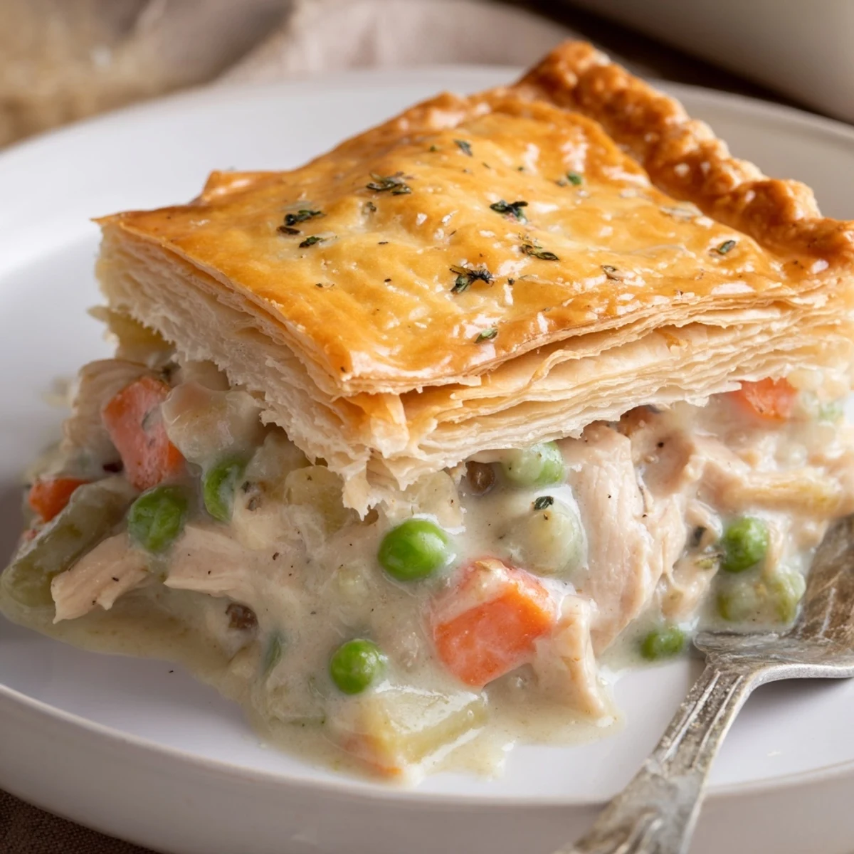 Chicken Pot Pie with golden flaky crust, bubbling creamy filling, steam rising