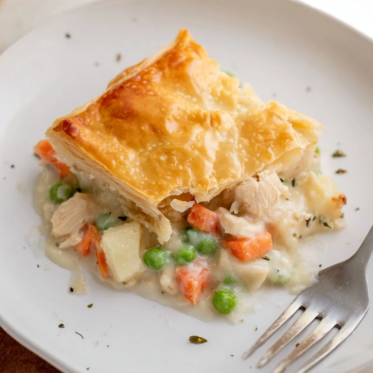 Fresh-baked Chicken Pot Pie straight from the oven, aromatic thyme and rich sauce