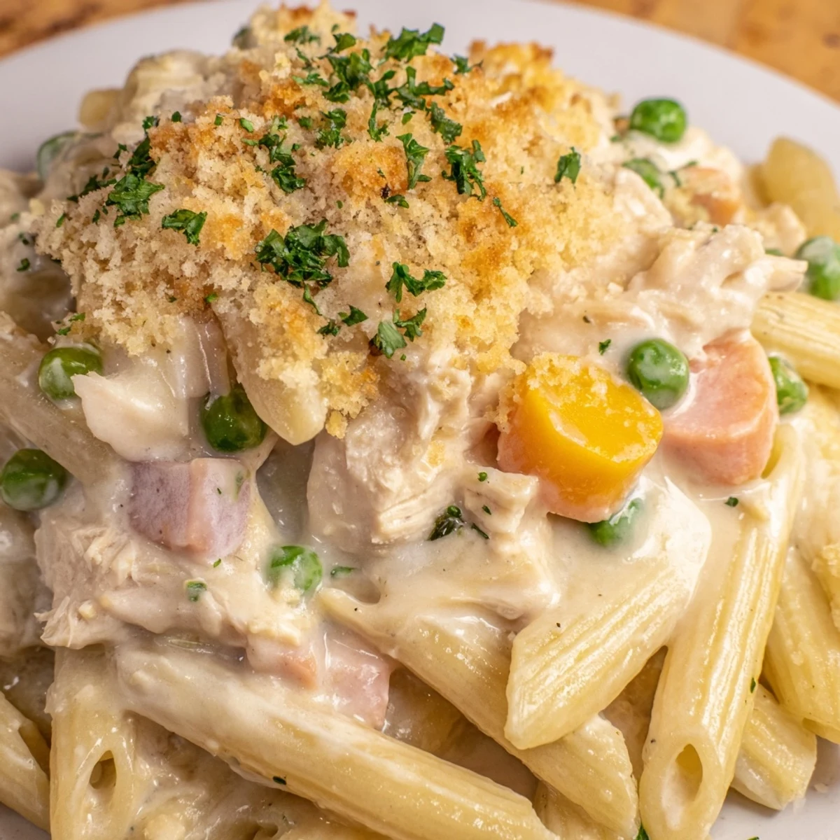 Baked Pot Pie Pasta topped with golden cracker crumbs and melted Parmesan