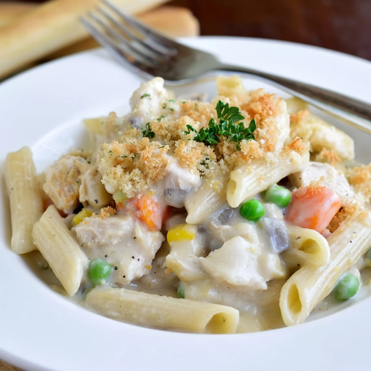 Creamy Pot Pie Pasta steaming in a skillet with tender chicken and peas