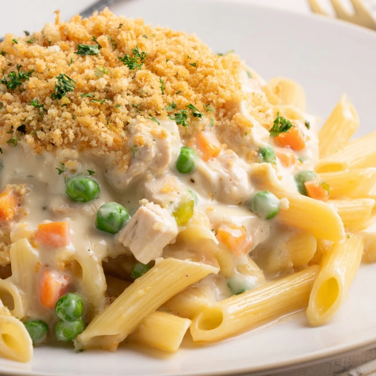 Hearty Pot Pie Pasta piled in a bowl, garnished with fresh parsley