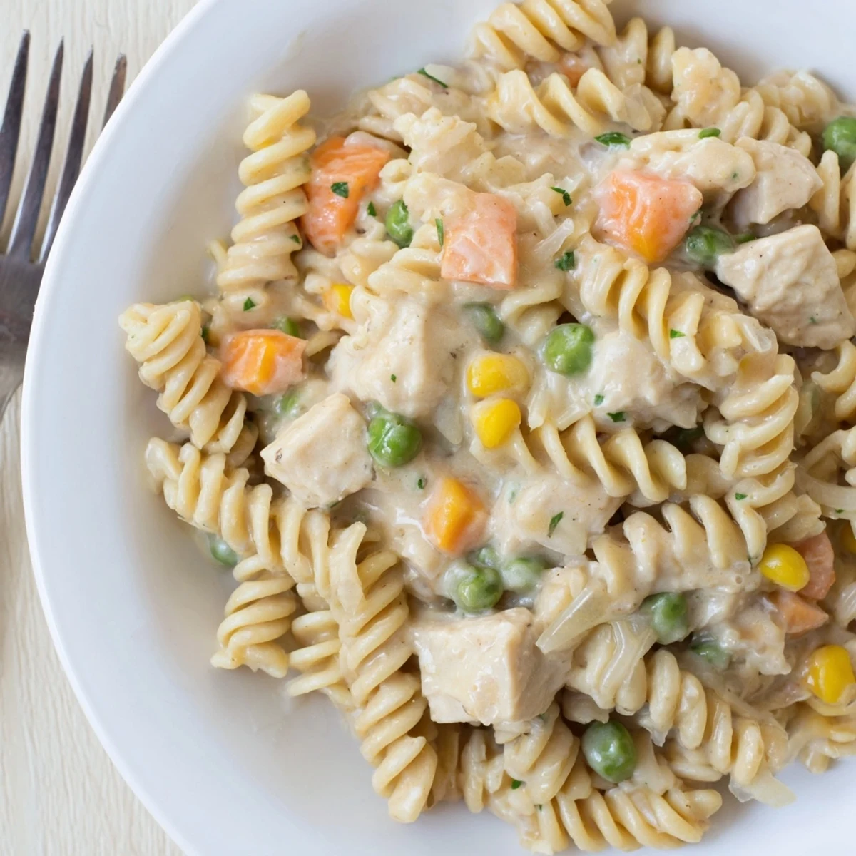 Creamy Chicken Pot Pie Pasta steaming in skillet with tender chicken and peas