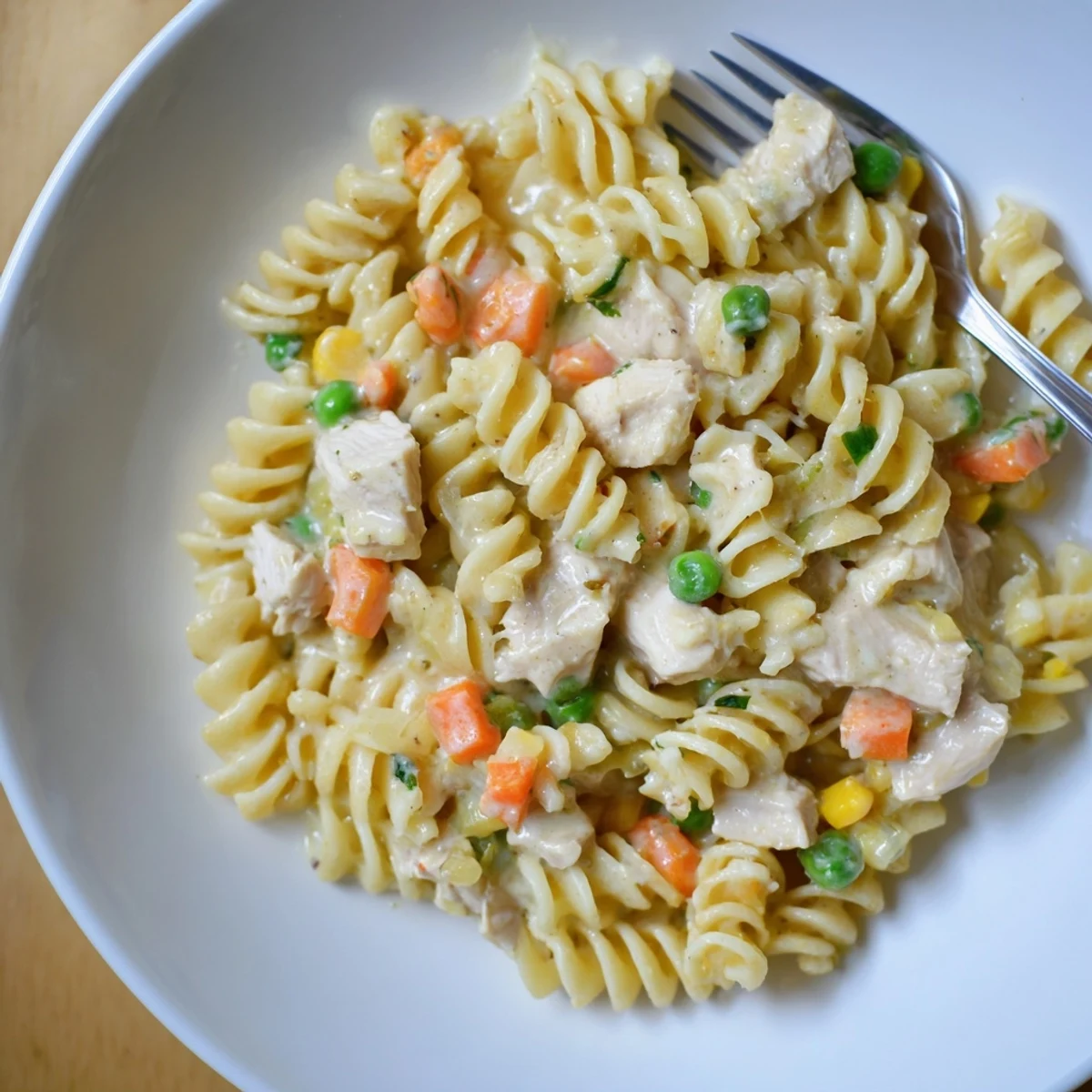Baked Chicken Pot Pie Pasta topped with golden breadcrumbs, served hot with Chardonnay