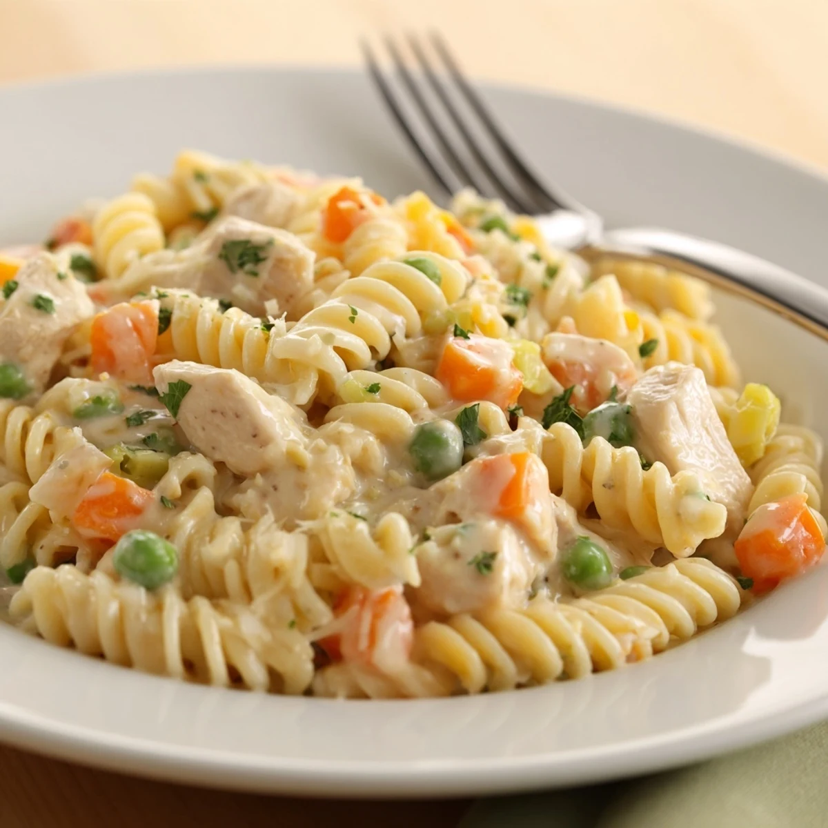 Comforting Chicken Pot Pie Pasta tossed with al dente rotini and parsley