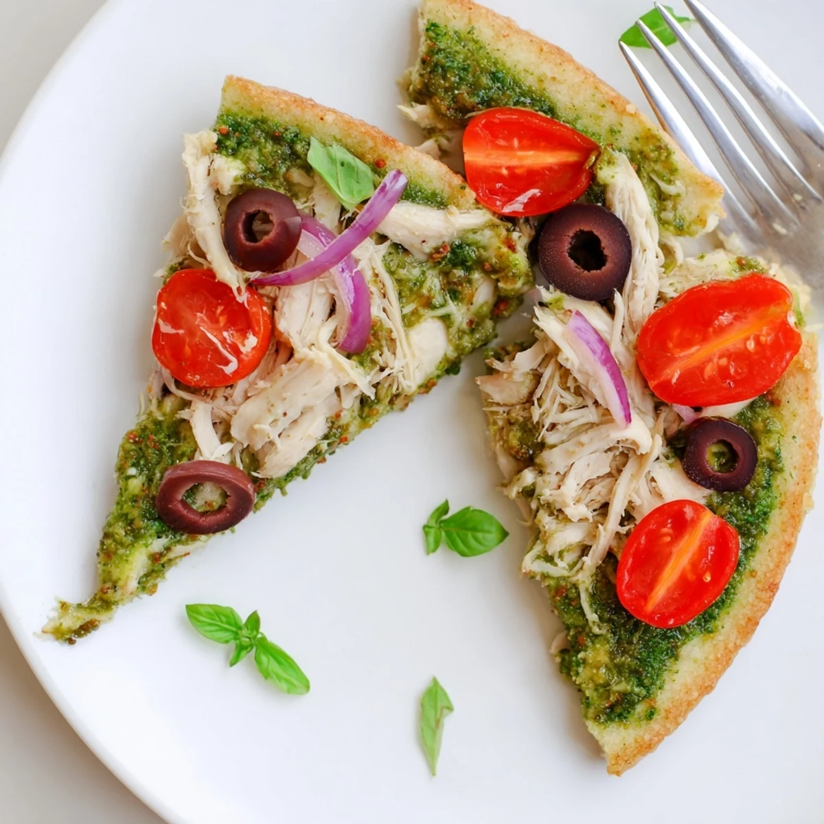 Chicken Pesto Paleo Pizza with golden crispy almond crust and fragrant basil