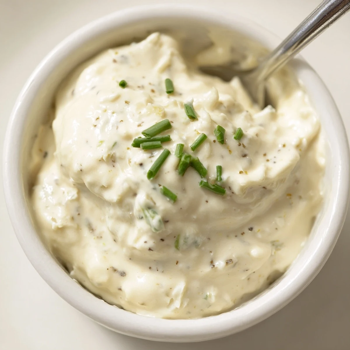 Creamy Horseradish Sauce chilled in ramekin, bold tang for roast beef