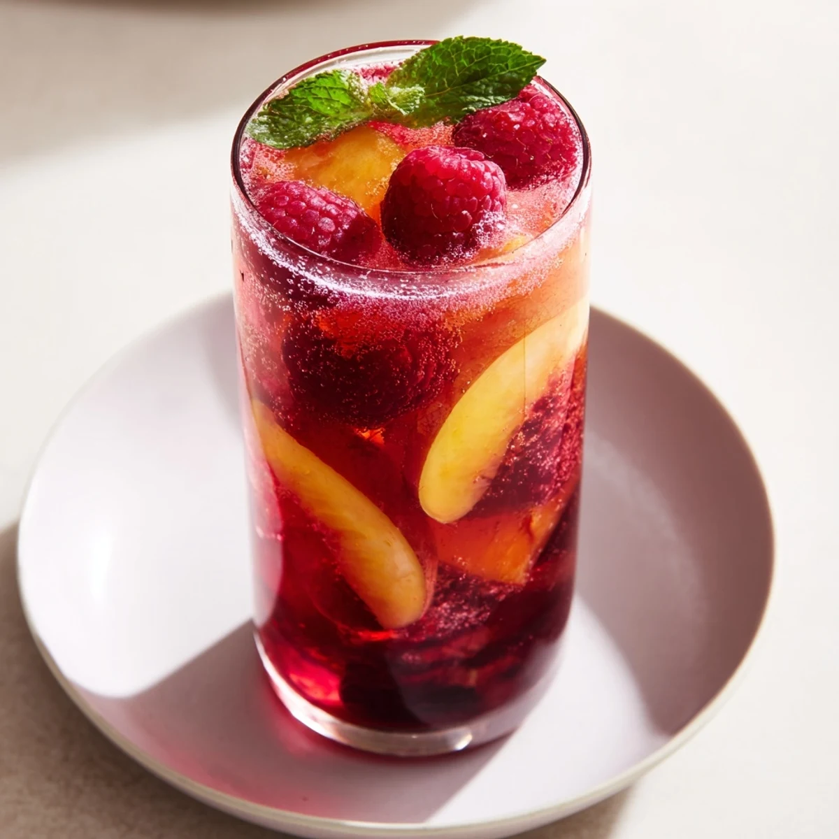 Sun Kissed Raspberry Peach Iced Tea Lemonade glistening over ice, garnished with mint
