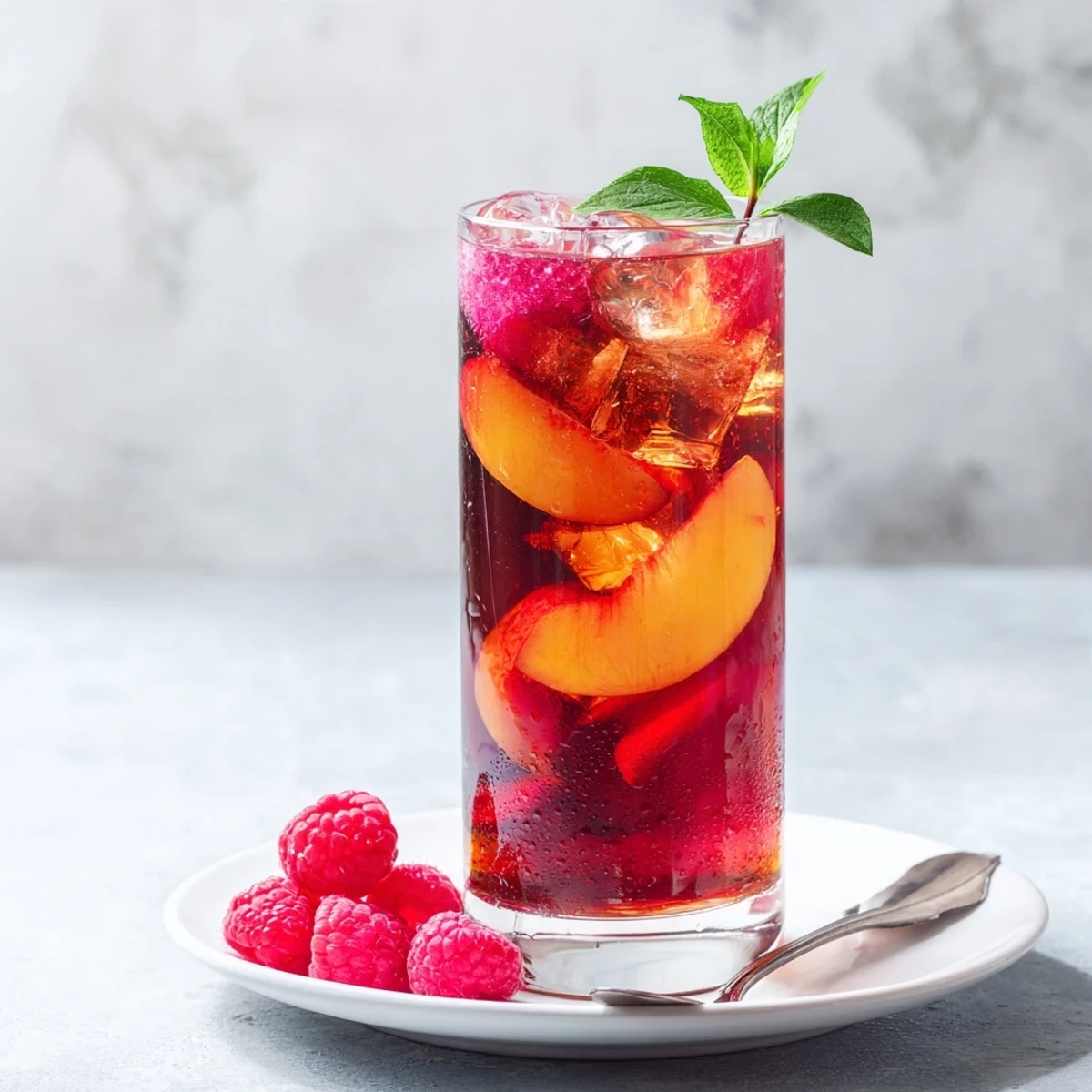 Chilled Sun Kissed Raspberry Peach Iced Tea Lemonade poured into tall glasses