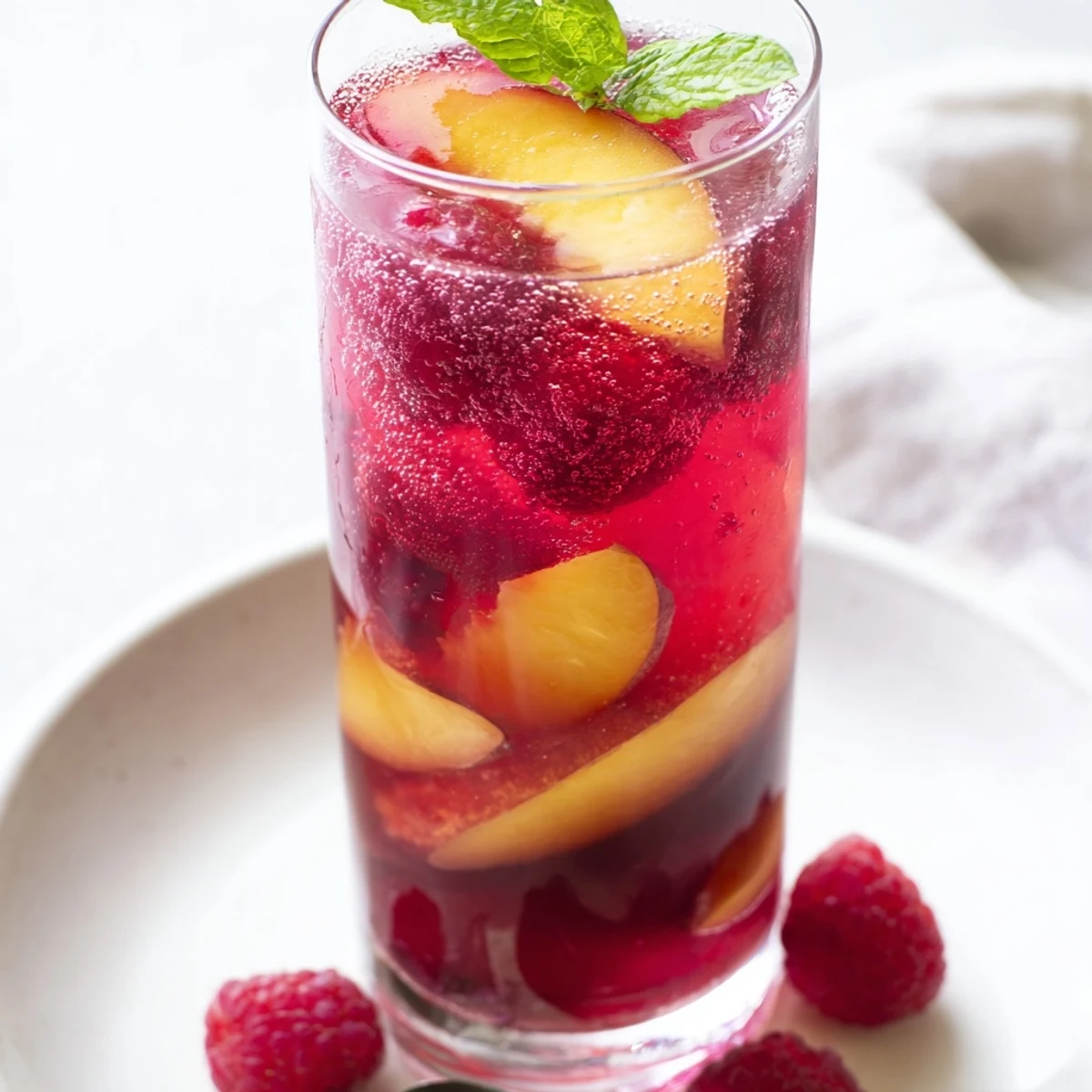 Homemade Sun Kissed Raspberry Peach Iced Tea Lemonade shows vibrant peach slices, raspberries