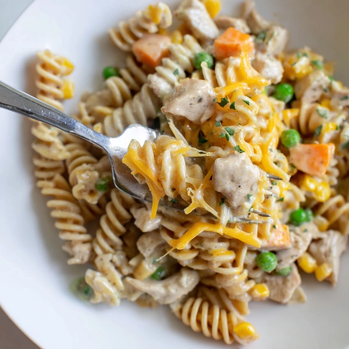 Steaming bowl of melted cheddar and parsley over Quick Chicken Pot Pie Pasta