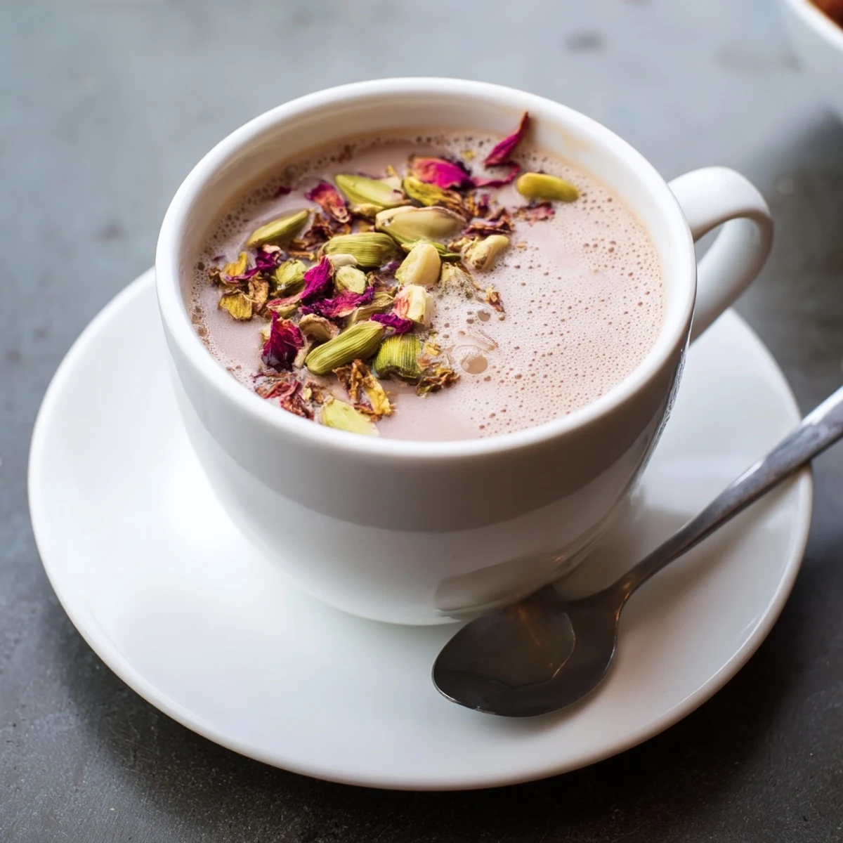 Steaming cup of Kashmiri Pink Chai with frothy top and pistachios.