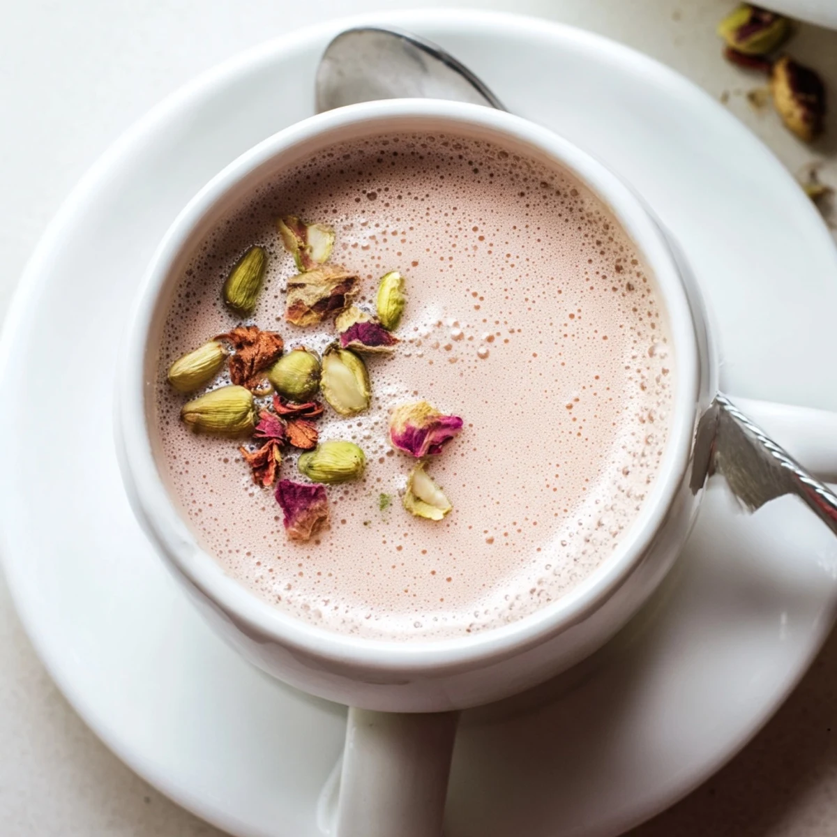 Creamy Kashmiri Pink Chai glowing blush, garnished with chopped almonds.