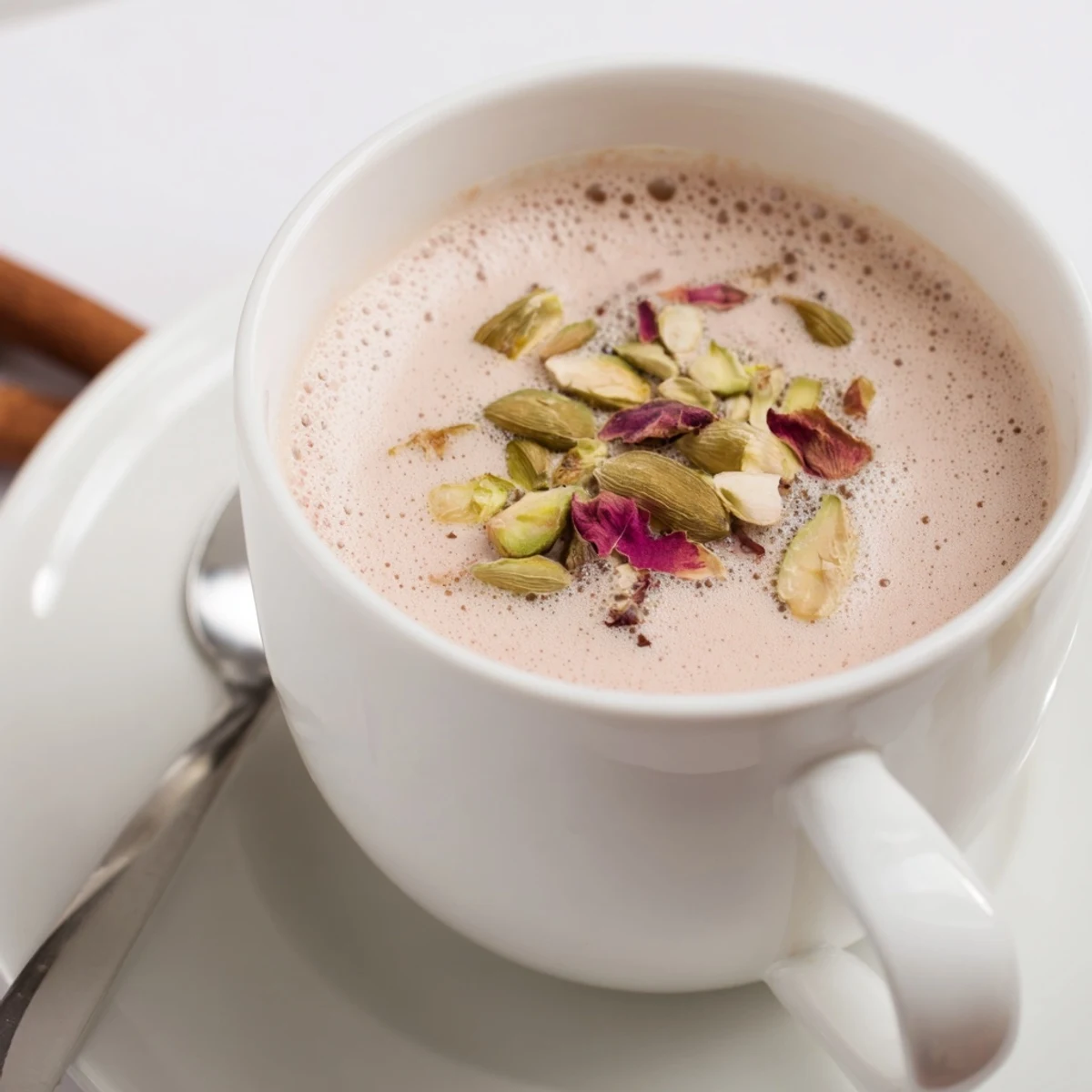 Warm Kashmiri Pink Chai steaming, aromatic with cardamom, served beside biscuits.