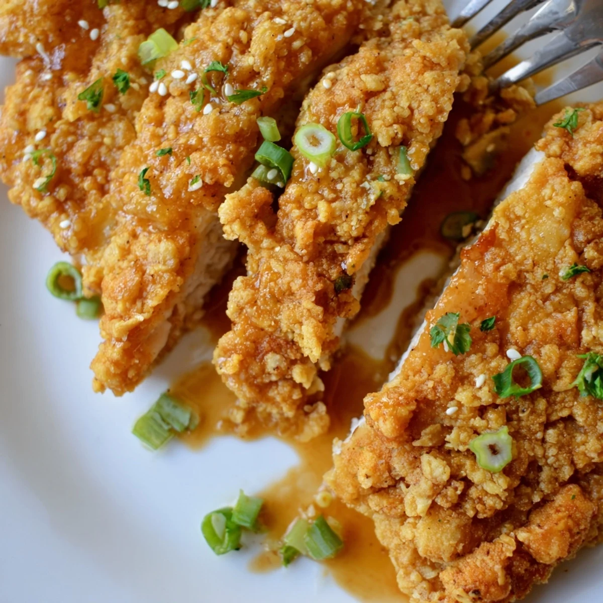 Golden, crispy Double Crunch Honey Garlic Chicken glazed with sticky sauce, sprinkled parsley