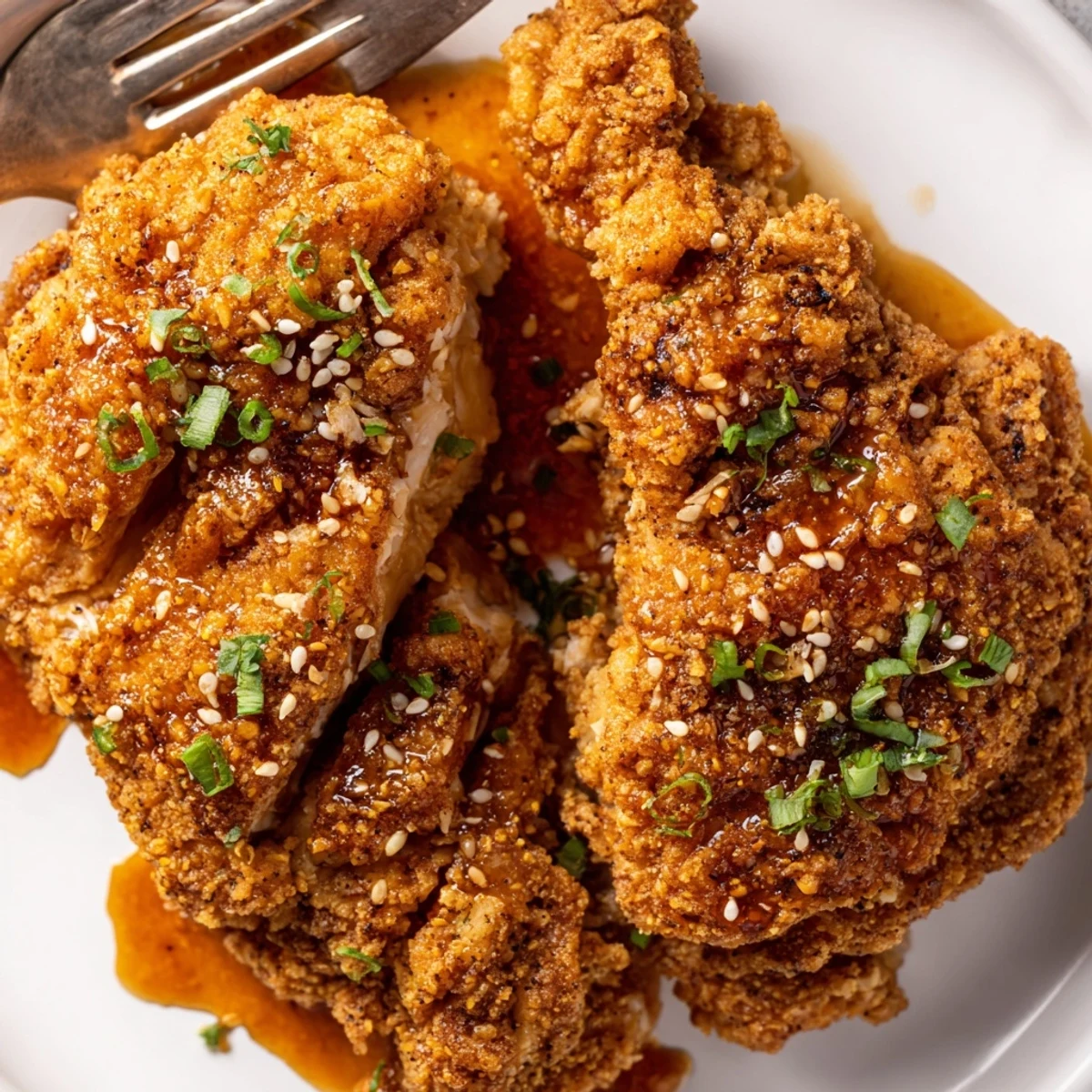 Skillet fried Double Crunch Honey Garlic Chicken resting on paper towels, steaming juices