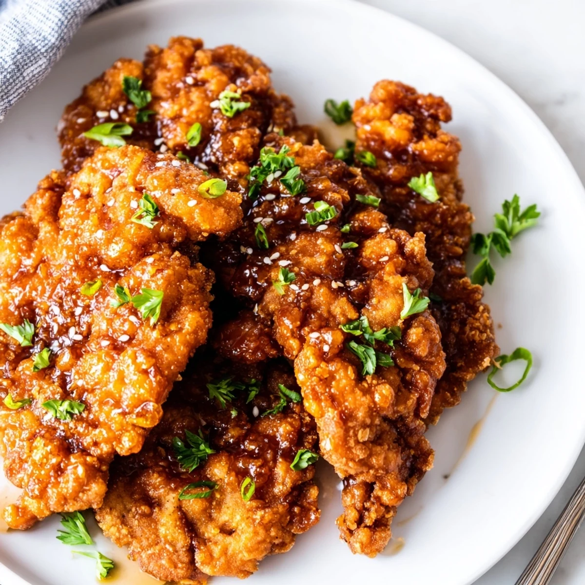 Family style Double Crunch Honey Garlic Chicken served with steamed rice and sesame seeds