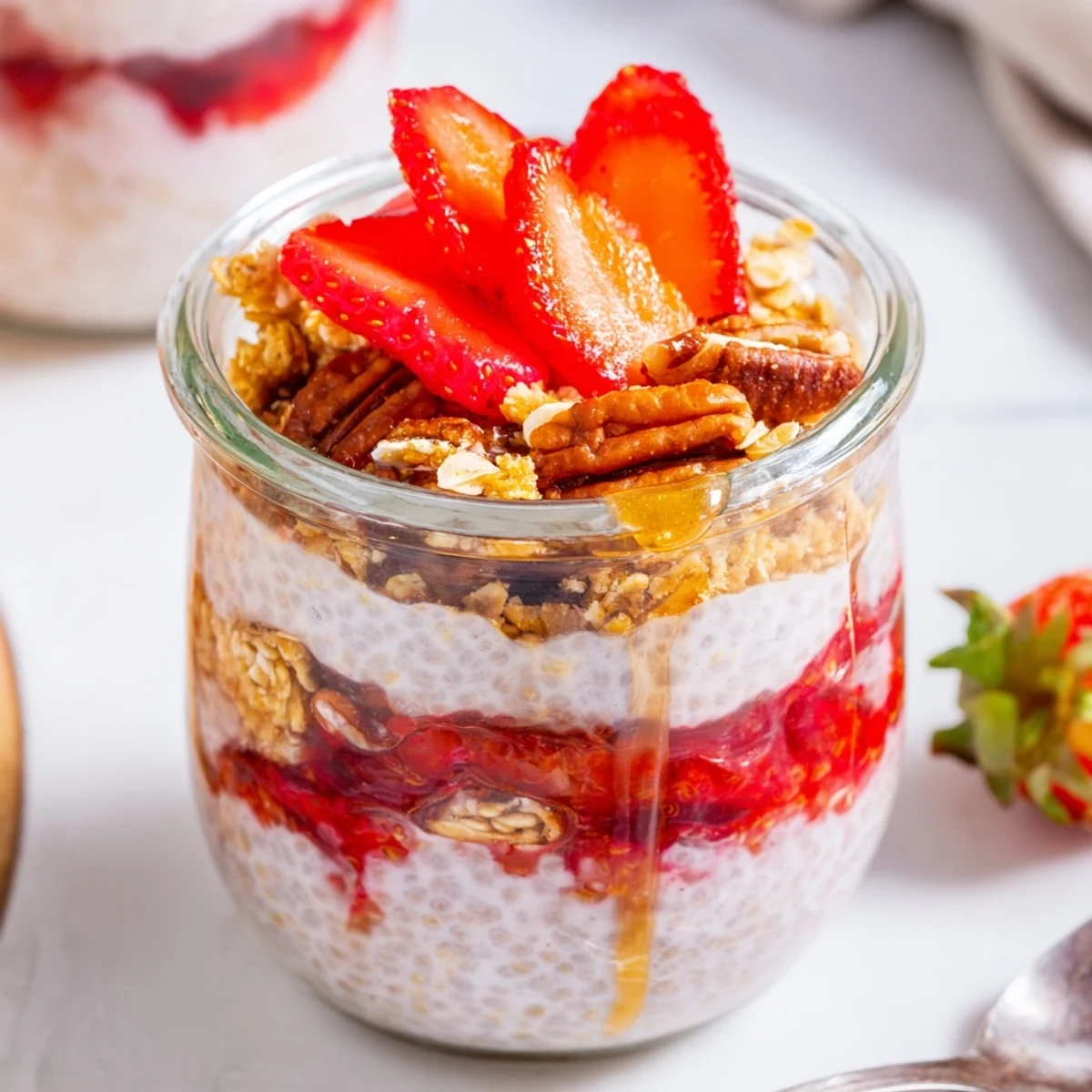 Layered glass jar showcasing strawberry crumble chia pudding with vibrant red compote and golden oat topping
