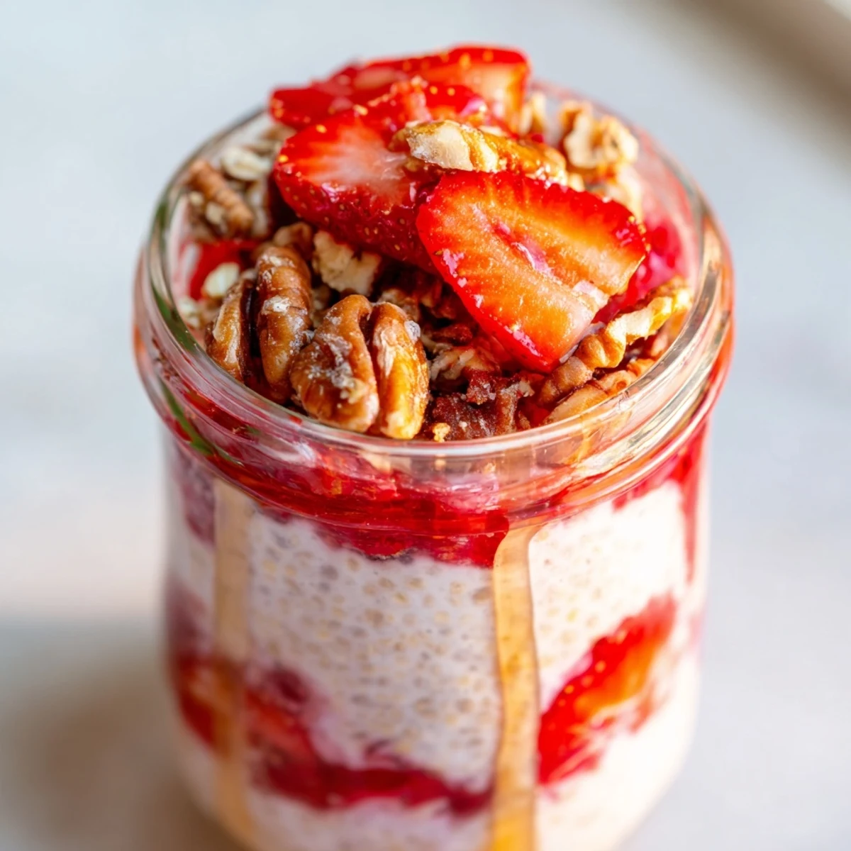 Creamy chia pudding layered with sweet strawberry compote and crispy cinnamon oat crumble in clear glass