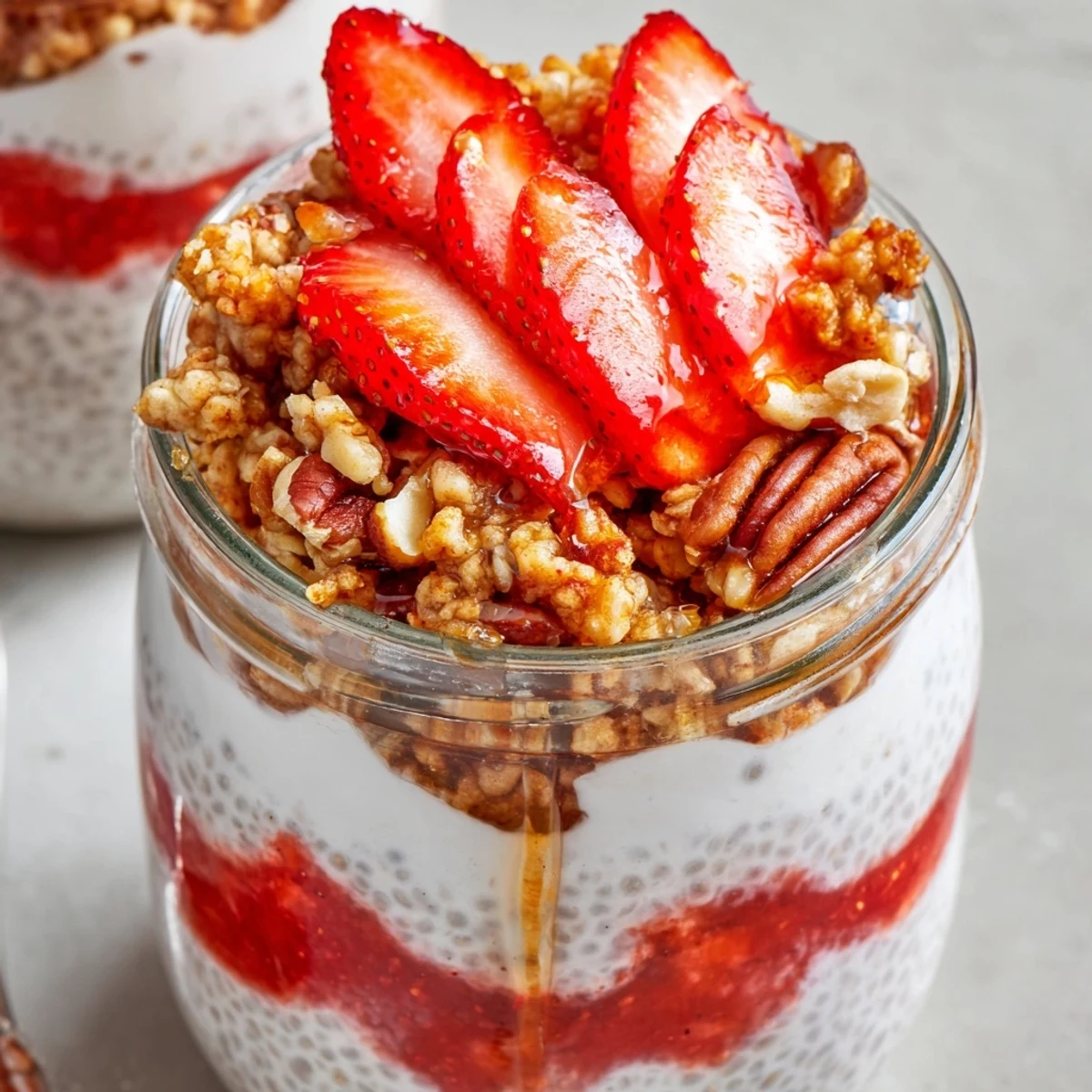 Glass parfait filled with strawberry chia pudding topped with fresh berries and crunchy toasted oat crumble