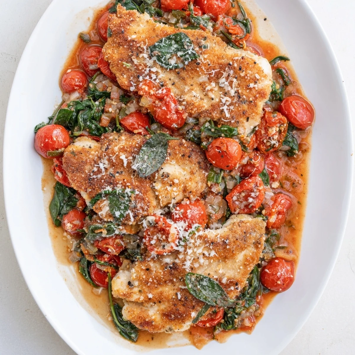 Golden seared chicken breasts nestled in a vibrant tomato spinach skillet with melted Parmesan