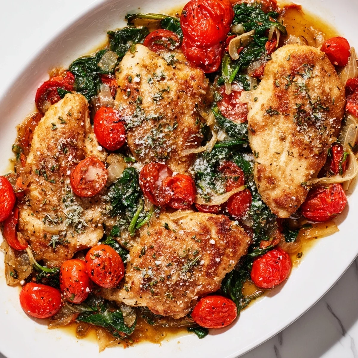 Weeknight Tomato Spinach Chicken plated with golden seared meat and colorful vegetable medley sauce