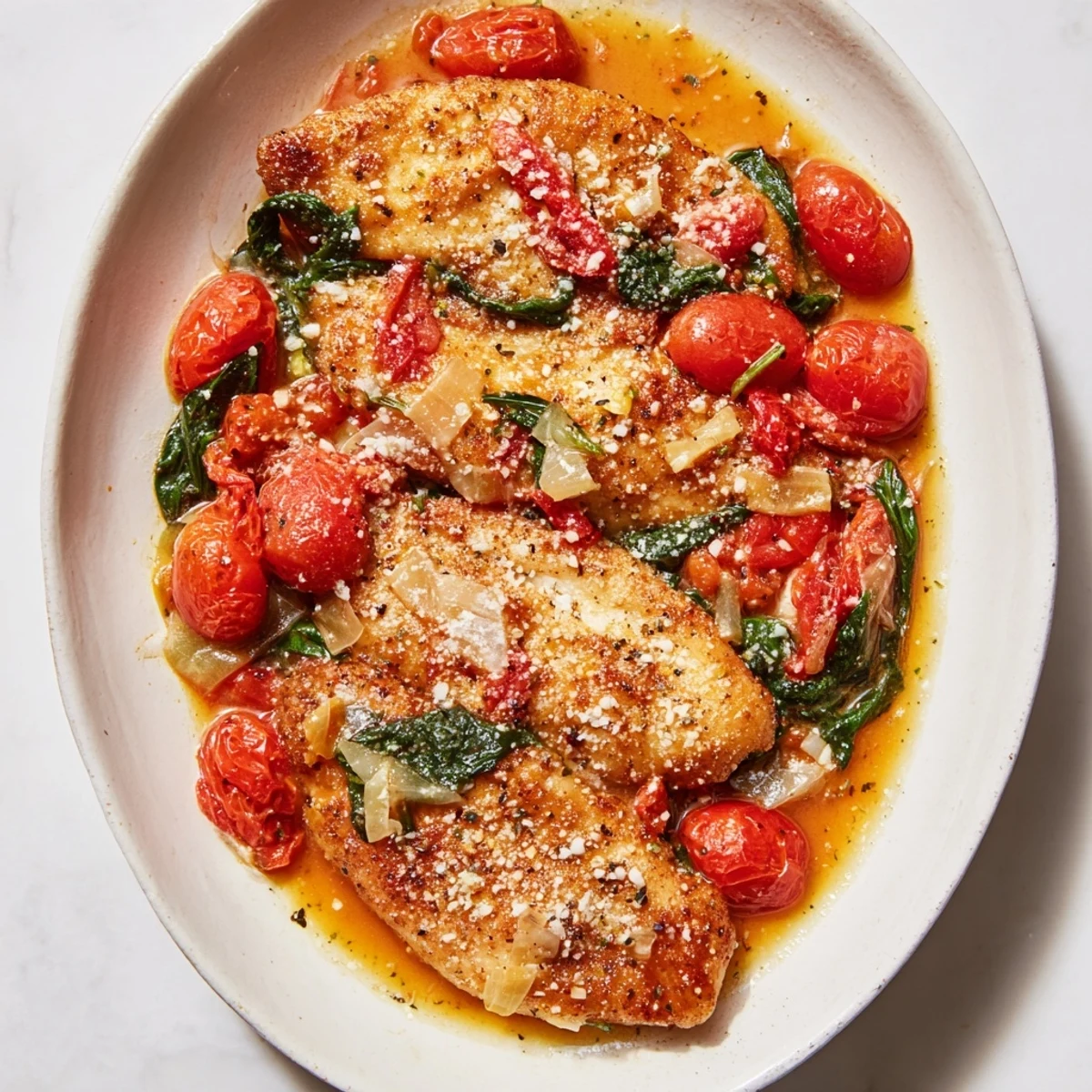 Tender chicken simmered with juicy cherry tomatoes and fresh wilted spinach in a savory skillet